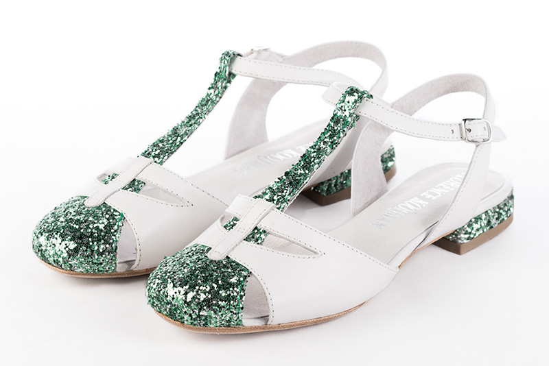 Mint green and pure white women's open back T-strap shoes. Round toe. Flat block heels. Front view - Florence KOOIJMAN